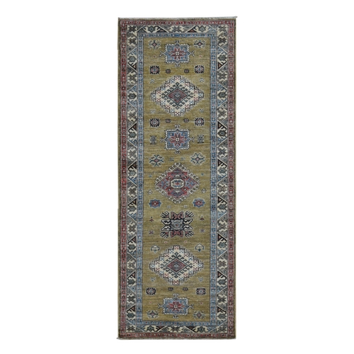 Olive Green, Hand Knotted, Afghan Super Kazak with Geometric Medallion Design, Pure Wool, Runner, Oriental Rug
