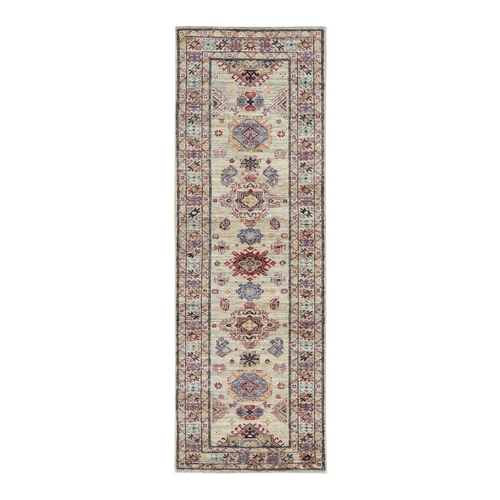 Bone White, Afghan Super Kazak with Tribal Motif, Hand Knotted, Pure Wool, Runner, Oriental Rug
