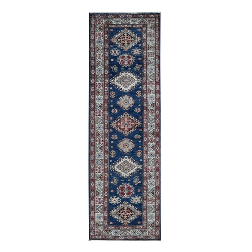 Berry Blue, Afghan Super Kazak with Geometric Medallion Design, Hand Knotted, Pure Wool, Runner, Oriental Rug