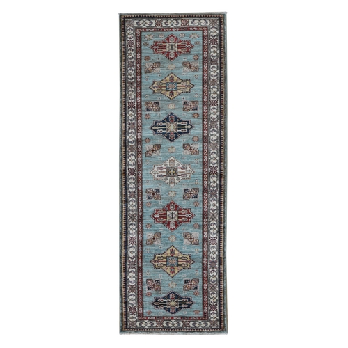 Blue Gray, Hand Knotted, Afghan Super Kazak with Geometric Motif, Runner, Pure Wool, Oriental Rug
