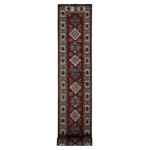 Vermilion Red, Hand Spun Vegetable Dyes Ghazni Wool, Hand Knotted, Super Kazak Tribal Design, XL Runner Oriental Rug