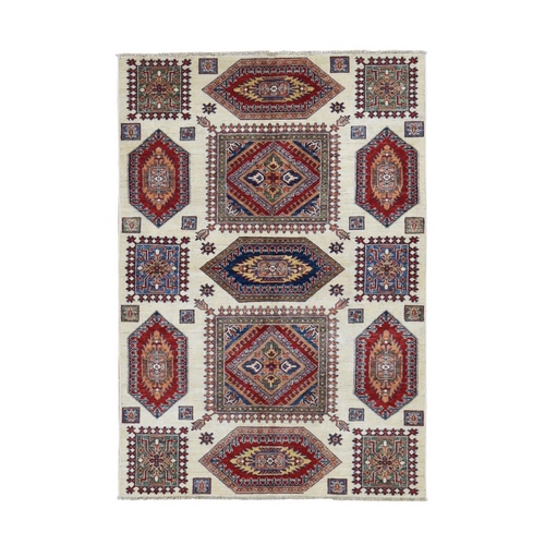 Ivory, Super Kazak, Bold Geometric Design, Pure Wool, Hand Knotted, Oriental Rug