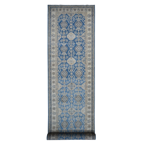 Ruddy Blue, Hand Knotted, Vintage Look Kazak, Pure Wool, Wide and Extra Long Runner, Oriental Rug