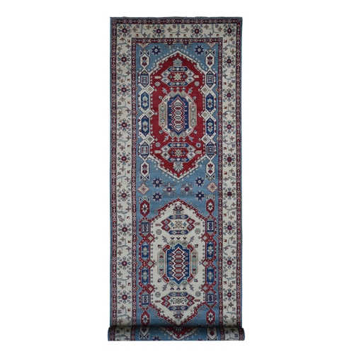 Baby Blue, Hand Knotted, 100% Wool, Kazak Tribal Design, Extra Wide and Long Runner, Oriental Rug