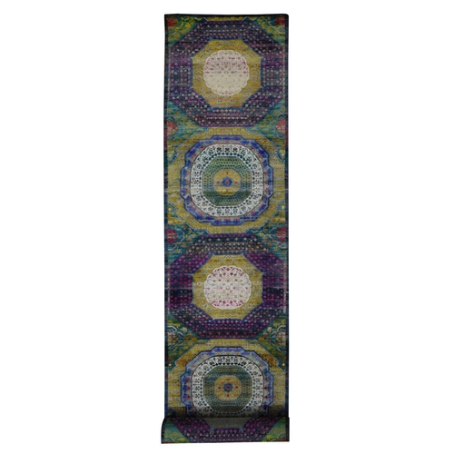 Colorful, Mamluk Design, Sari Silk with Textured Wool, XL Runner, Hand Knotted, Oriental Rug