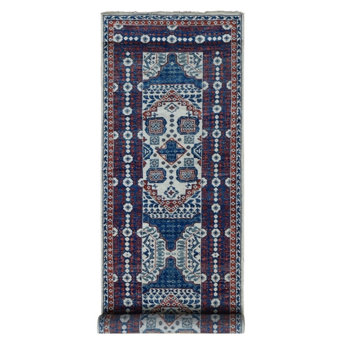 Ivory with a mix of Blue, Mamluk Design, Vegetable Dyes, Hand Spun New Zealand Wool, Hand Knotted, Oriental, Wide Runner Rug