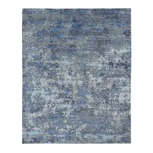 Battleship Gray, Hi-Low Pile, Modern Abstract Design, Wool and Silk, Hand Knotted, Oriental 