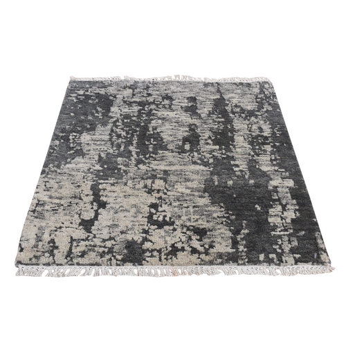 Jet Black, 100% Natural Undyed Wool, Hand Knotted, Modern Abstract Galaxy, Sample Mat Oriental 