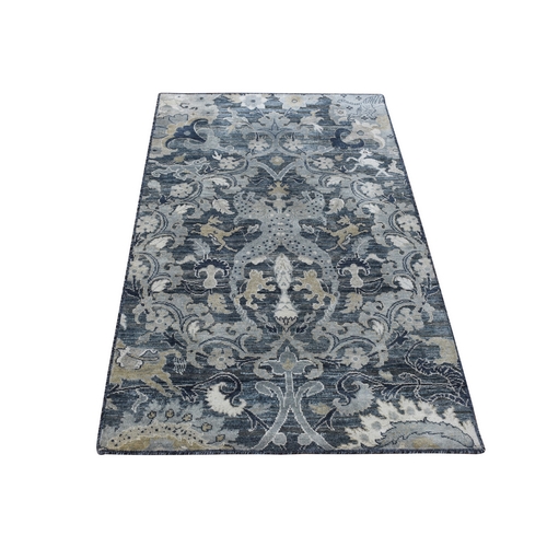 Arsenic Gray, Hand Knotted, Silk with Textured Wool, Blossom Design, Oriental Rug