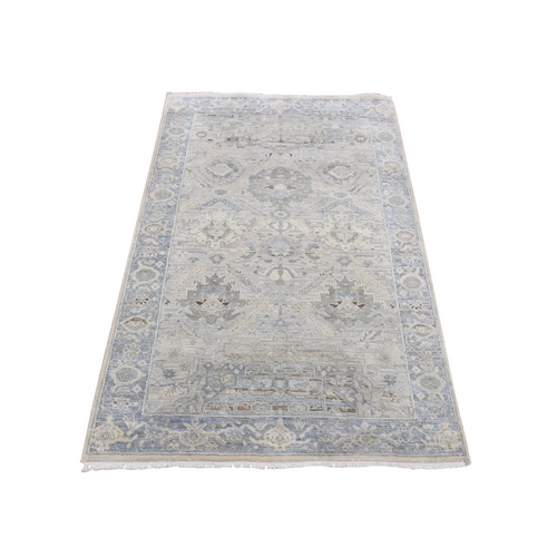 Sky Blue, Pure Silk with Textured Wool, Mughal Inspired Medallions Design, Distressed, Hand Knotted, Oriental Rug