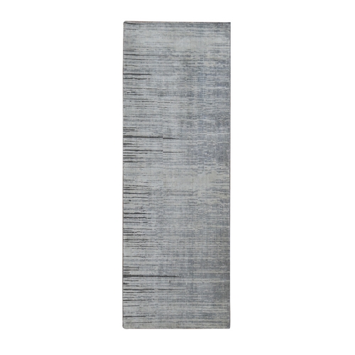Ash Gray, Horizontal Ombre Design, Pure Silk, Hand Knotted, Runner Oriental 