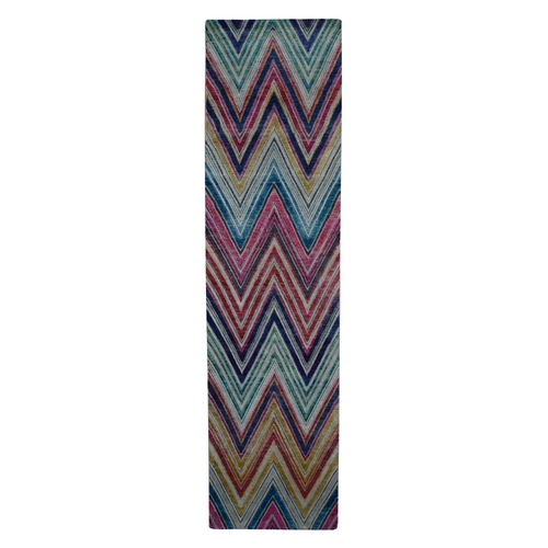 Colorful, Chevron Design, Sari Silk and Textured Wool, Hand Knotted, Runner, Oriental Rug