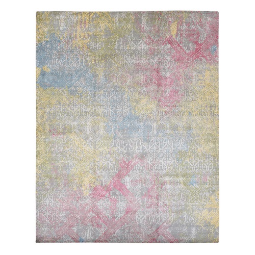 Battleship Gray with Red and Yellow Shades, Oversized, TRELLIS IN THE SPRING, Pure Silk, Hi-Low Pile, Hand Knotted Oriental Rug