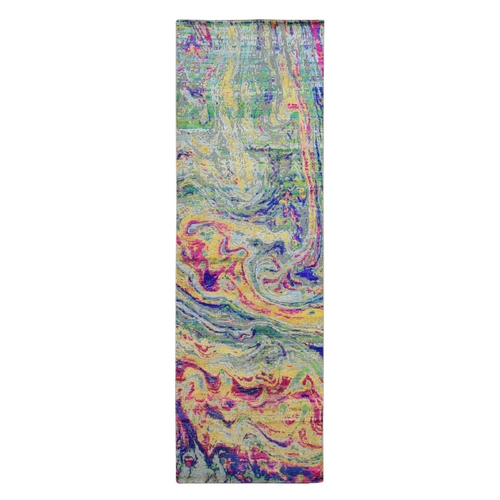 Colorful, Sari Silk with Textured Wool, The Lava Design, Runner, Hand Knotted, Oriental 