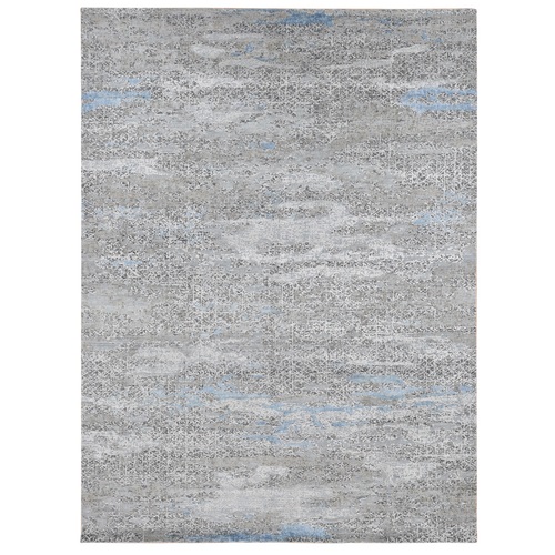 Cadet Gray, Wool with Real Silk, Broken and Erased Intricate Contemporary Design, Hand Knotted, Oriental 