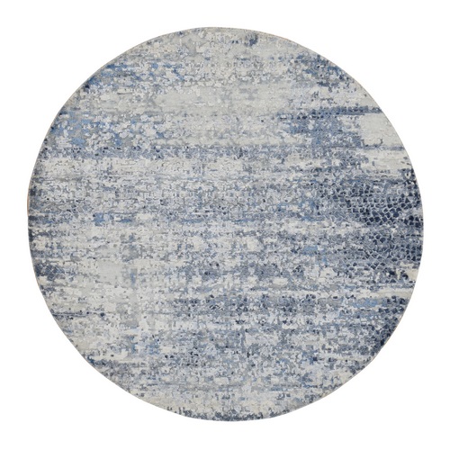 Space Cadet Blue, Broken and Erased Mosaic Design, Wool and Silk, Hand Knotted, Round Oriental 