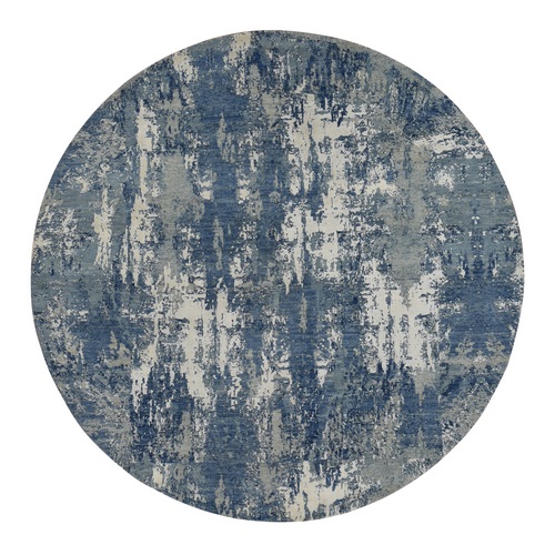 Space Cadet Blue, Abstract Design, Wool and Pure Silk, Hand Knotted, Round Oriental 