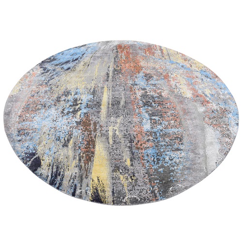 Stone Gray, Silk with Textured Wool, Abstract Design, Hand Knotted, Round Oriental Rug