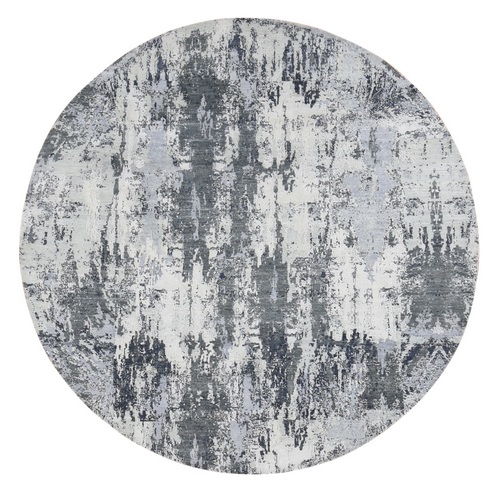 Smokey Gray, Abstract Design, Wool and Pure Silk, Hand Knotted, Round Oriental 