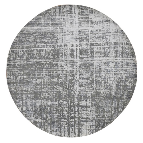 Carbon Gray, Wool and Silk, Abstract Design, Hand Knotted, Round Oriental Rug