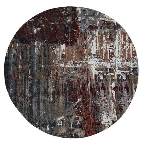 Charcoal Gray, Abstract Design, Hi-Low Pile, Wool and Silk, Hand Knotted, Round Oriental Rug