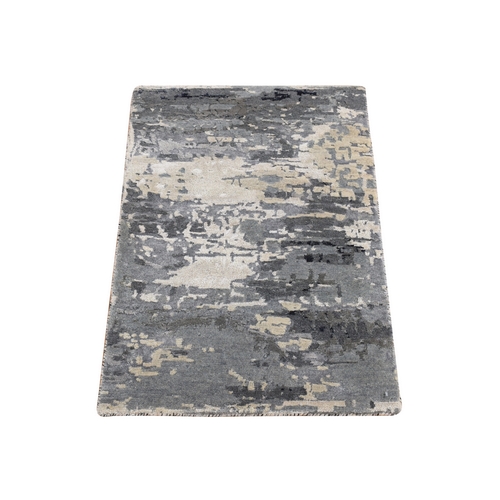 Battleship Gray, Abstract Design, Wool and Silk, Hand Knotted, Sample Mat Oriental Rug 