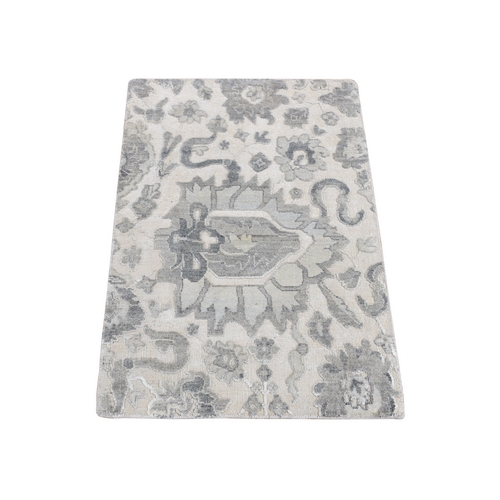 Gainsboro Gray, Silk with Textured Wool, Mahal Design, Hand Knotted, Sample Mat Oriental Rug