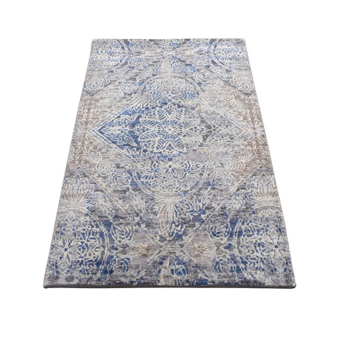 Air Force Blue, ERASED ROSSETS, Silk with Textured Wool, Hand Knotted, Sample Mat Oriental Rug