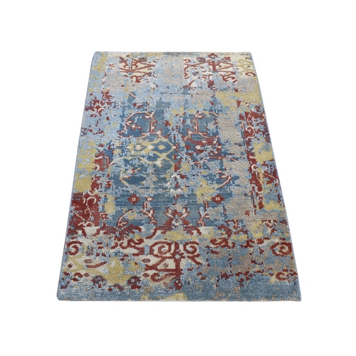 Prussian Blue, Erased Design, Hand Knotted, Silk with Textured Wool, Sample Mat Oriental Rug