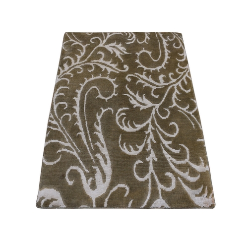 Grayish Brown, Nepali Scrolls Design, Hand Knotted, Wool and Silk, Clearance, Sample Oriental 