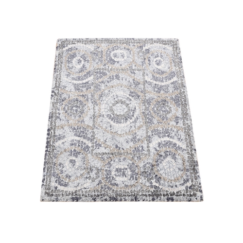 Ash Gray, Silken, Roman Mosaic Design, Hand Knotted, Sample Mat Oriental Rug
