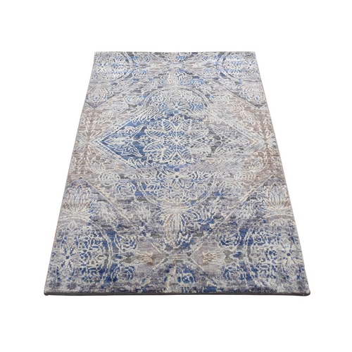 Air Force Blue, Silk with Textured Wool, Hand Knotted, ERASED ROSSETS, Sample Mat Oriental Rug