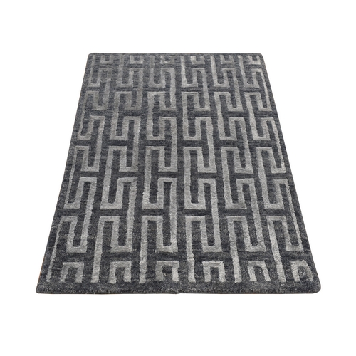 Charcoal Gray, Wool and Silk, Modern Roman Key Design, Hand Knotted, Sample Oriental 