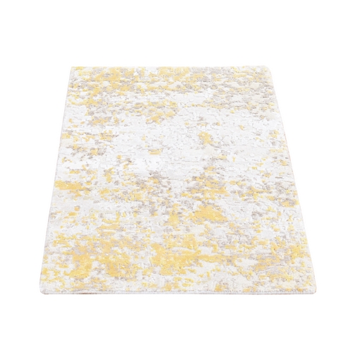Frost White with Mix of Gold, Hi-Lo Pile, Abstract Design, Wool and Silk, Hand Knotted, Oriental Rug