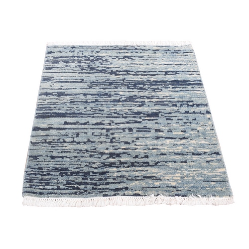Blue with Touches of Ivory, Pure Wool, Modern Striae Design, Hand Knotted, Sample Mat Square, Oriental Rug