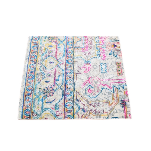Rose White, Modern Design, Sari Silk with Textured Wool, Hand Knotted, Corner Sample Mat Square, Oriental Rug