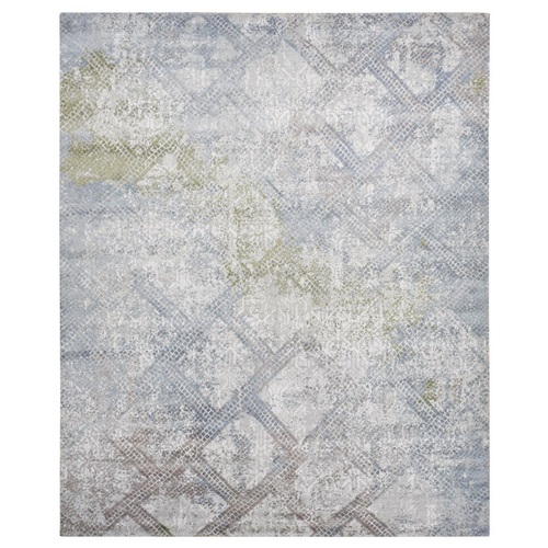 Silver Gray, TRELLIS MOSAIC DESIGN, Wool with Pure Silk, Hand Knotted, Oversized Oriental Rug