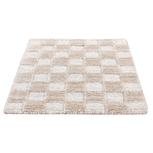 Timberwolf Gray, 100% Textured Wool, Hand Loomed, Thick and Soft, Modern Checkerboard Design, Cut and Loop, Sample Oriental 