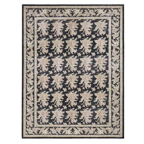 Walnut Hull Black, Dense Weave, Fine Peshawar with All Over Repetitive Flower Bouquets Design, Hand Knotted, Pure Wool, Oriental Rug