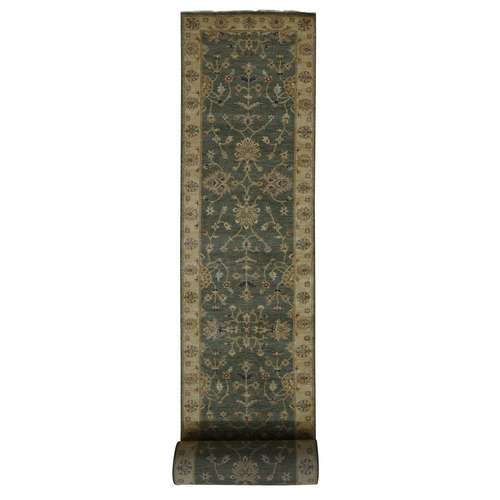 Moss Green, Pure Wool, Hard Twist Agra, Extra Long and Wide Runner, Hand Knotted, Oriental Rug