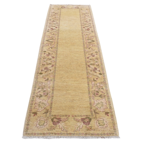 Mellow Yellow, Pure Wool, Peshawar with Plain Field, Hand Knotted, Runner Oriental 