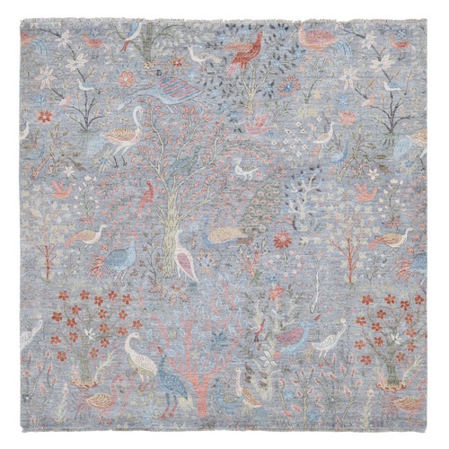 Goose Gray, Afghan Peshawar Birds of Paradise, Vegetable Dyes, 100% Wool, Hand Knotted, Square Oriental Rug