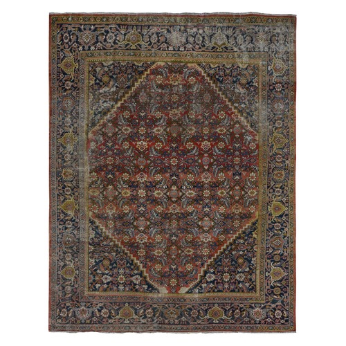 Maroon Red, Antique Persian Mahal, Areas of Wear, Zero Pile, Pure Wool, Hand Knotted, Distressed, Clean, Sides and Ends Professionally Secured, Oriental Rug
