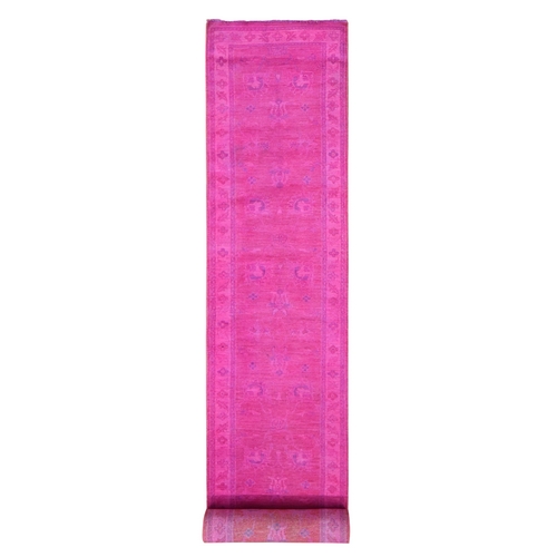 Fuscia Pink Overdyed, Peshawar, Hand Knotted, Pure Wool, XL Runner Oriental 