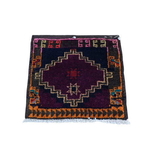 Wine Purple, Vintage Persian Shiraz Bag Face, Pure Wool, Hand Knotted, Square Oriental Rug