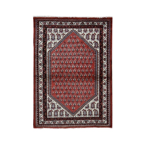 Fire Brick Red, Pure Wool, Vintage Sarouk Mir with Boteh Design, Hand Knotted, Oriental Rug