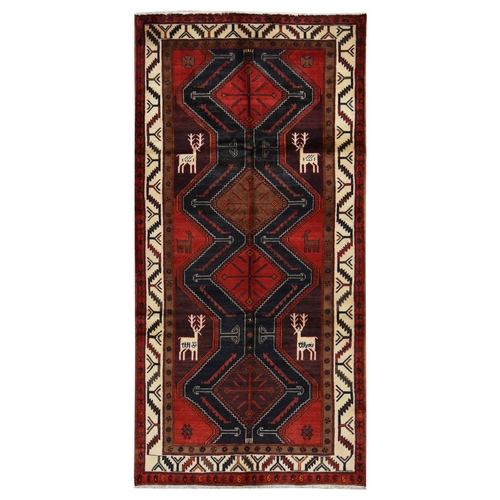 Maroon Red, New Persian with Deer Figurines, Pure Wool, Hand Knotted, Gallery Size Runner Oriental Rug