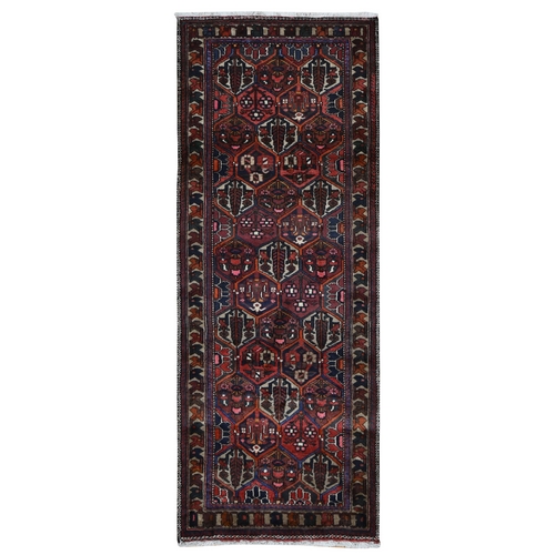 Sangria Red, Hand Knotted, Vintage Persian Bakhtiari Garden Design, Pure Wool, Wide Runner Oriental Rug