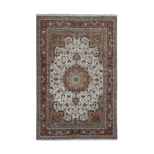 Ivory, Used Persian Tabriz, 400 KPSI, Wool and Silk, Hand Knotted, Cleaned and In Perfect Shape, Oriental Rug