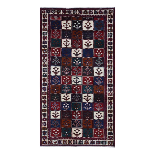Carmine Red, Semi Antique Persian Bakhtiari, Garden Block Design, Pure Wool, Hand Knotted, Oriental Rug